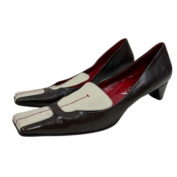 Prada Vintage Square Toe Y2K Block Kitten Heel Leather Heels 7 - Picture 2 of 8